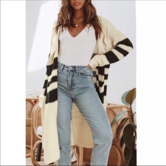 Ivory & Black Stripe Long Cardigan - Picture 3 of 8